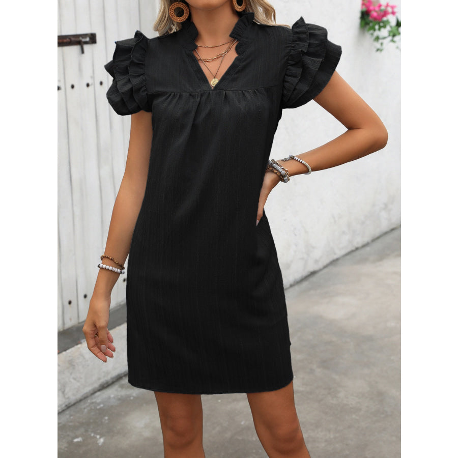 Ruffled Notched Cap Sleeve Mini Dress Black / S Apparel and Accessories