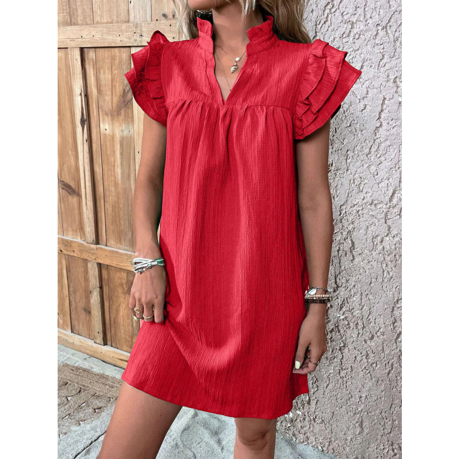 Ruffled Notched Cap Sleeve Mini Dress Deep Red / S Apparel and Accessories