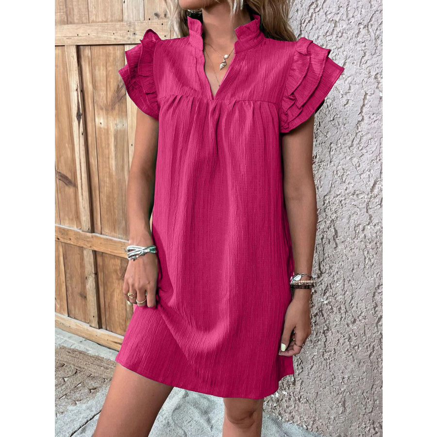 Ruffled Notched Cap Sleeve Mini Dress Deep Rose / S Apparel and Accessories