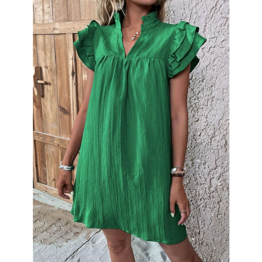 Ruffled Notched Cap Sleeve Mini Dress Green / S Apparel and Accessories