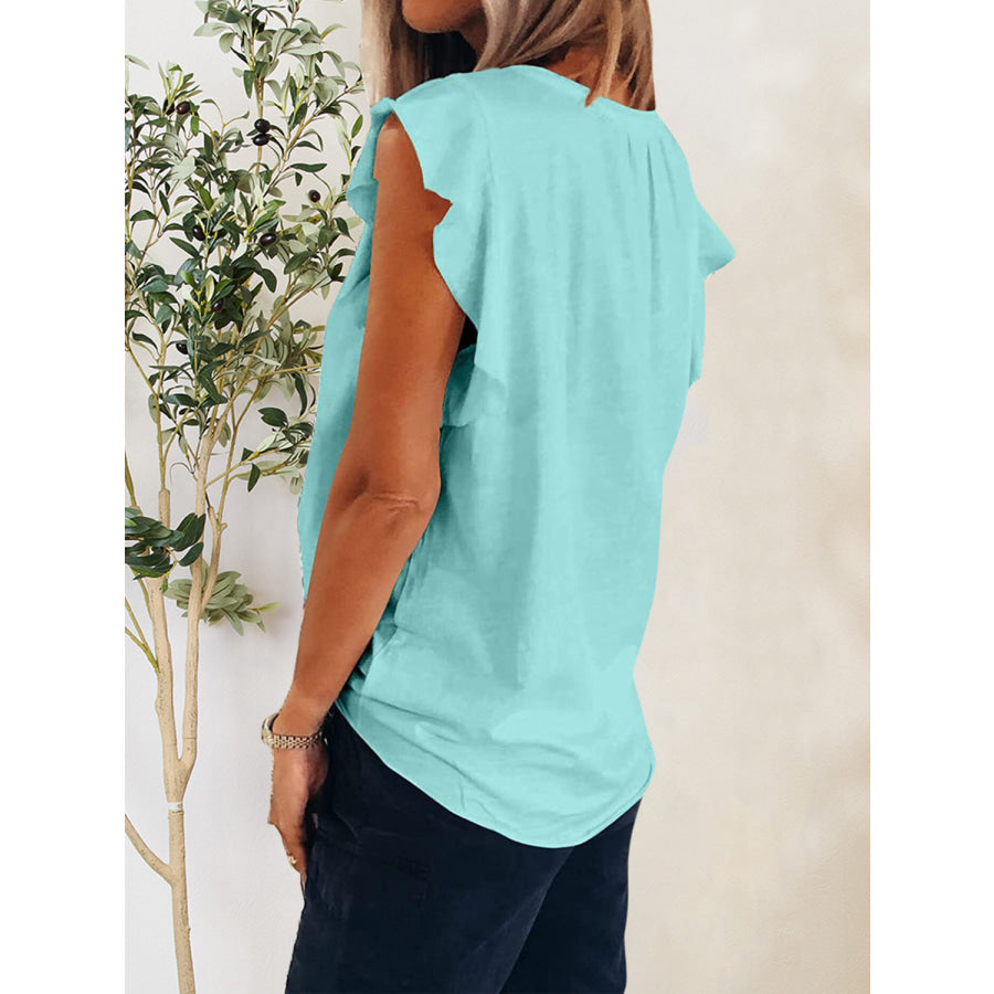 Ruffled Notched Cap Sleeve T - Shirt Apparel and Accessories