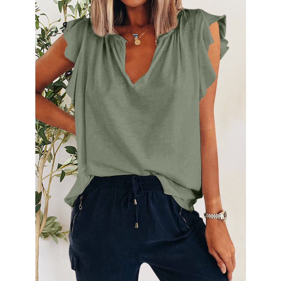 Ruffled Notched Cap Sleeve T - Shirt Apparel and Accessories