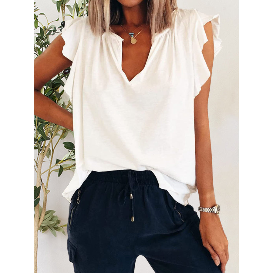 Ruffled Notched Cap Sleeve T - Shirt Apparel and Accessories