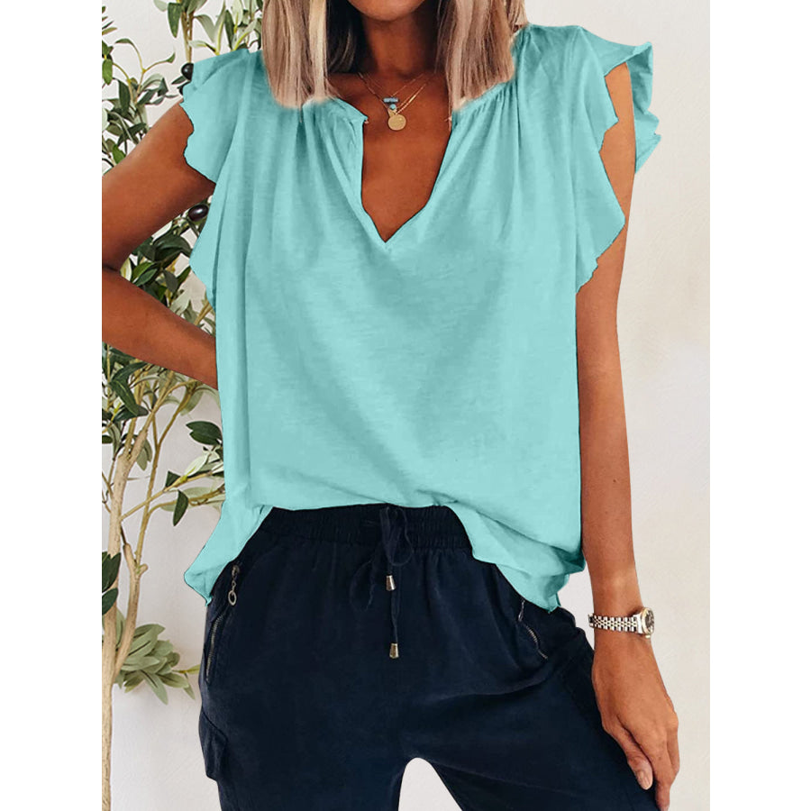 Ruffled Notched Cap Sleeve T - Shirt Apparel and Accessories