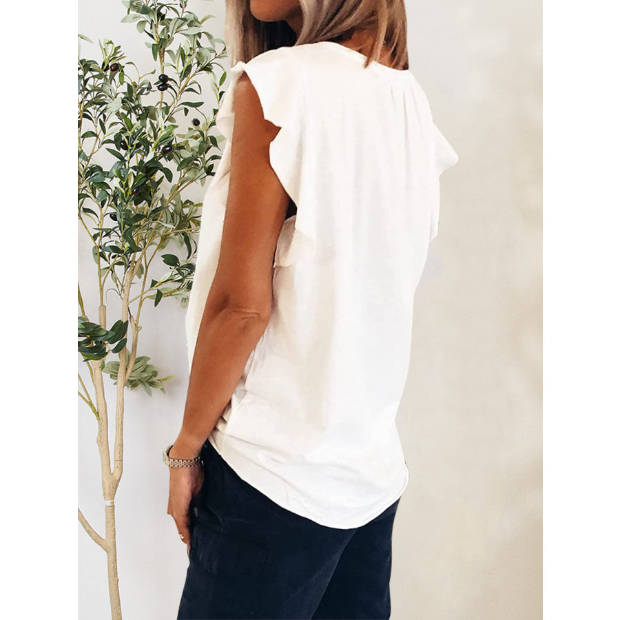 Ruffled Notched Cap Sleeve T - Shirt White / S Apparel and Accessories