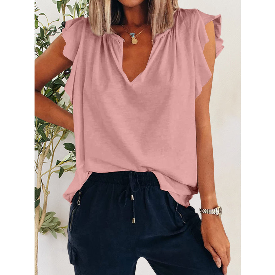 Ruffled Notched Cap Sleeve T - Shirt Apparel and Accessories