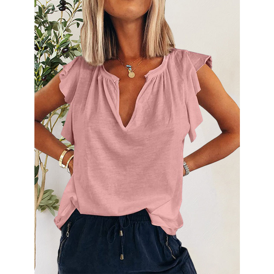 Ruffled Notched Cap Sleeve T - Shirt Dusty Pink / S Apparel and Accessories