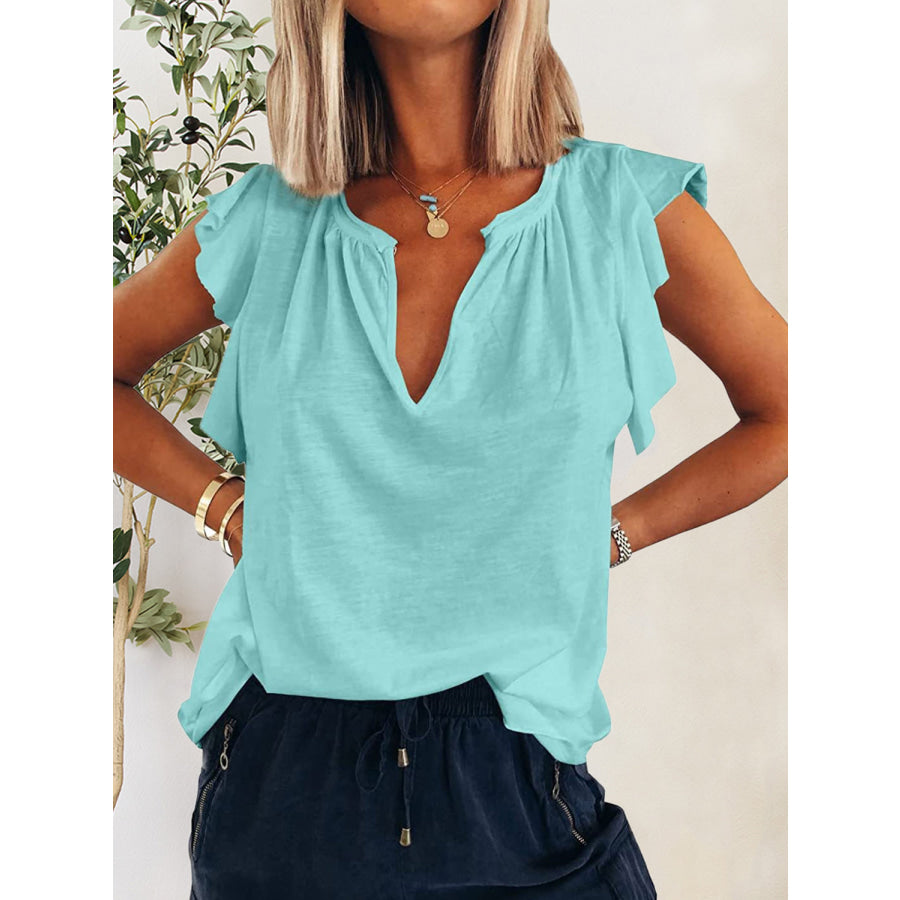 Ruffled Notched Cap Sleeve T - Shirt Pastel Blue / S Apparel and Accessories
