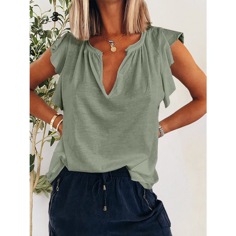 Ruffled Notched Cap Sleeve T - Shirt Sage / S Apparel and Accessories