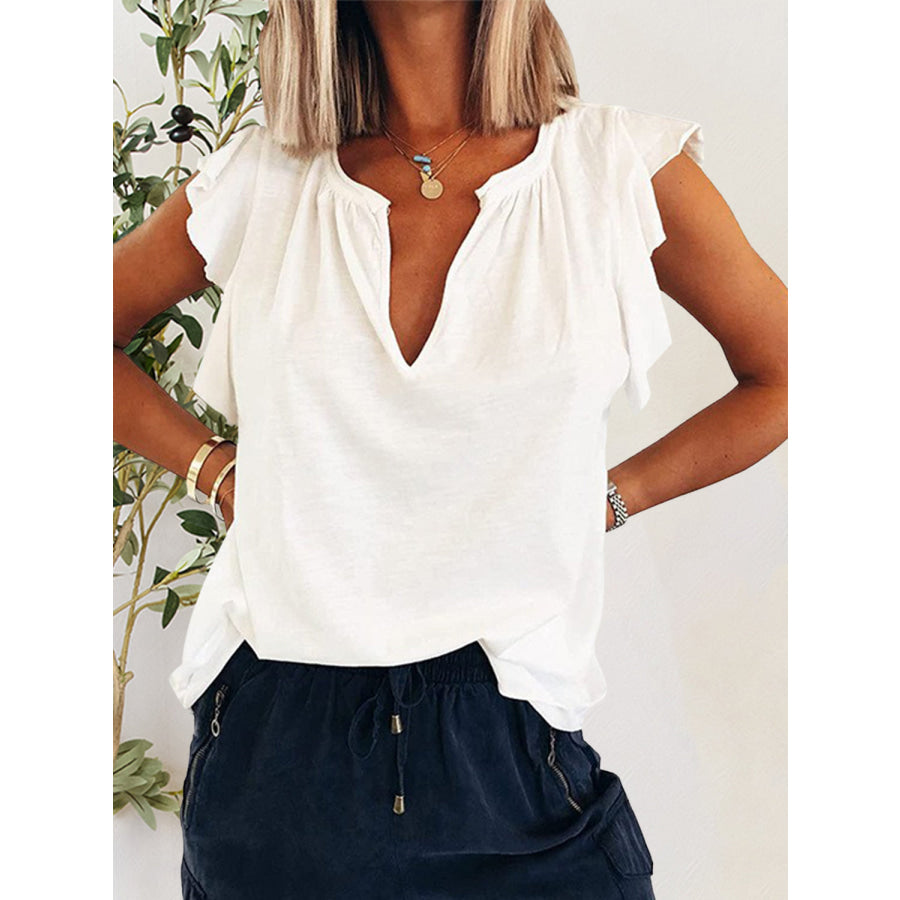 Ruffled Notched Cap Sleeve T - Shirt White / S Apparel and Accessories