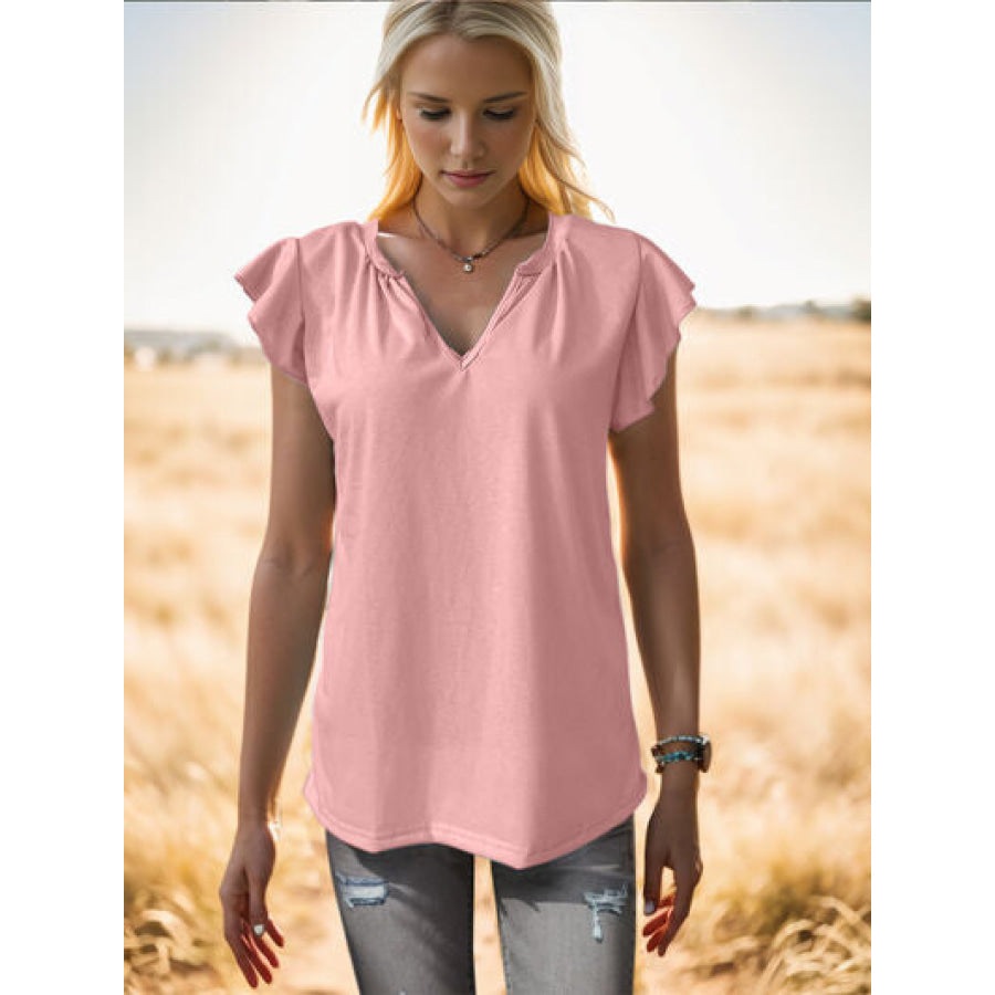 Ruffled Notched Cap Sleeve Tank Blush Pink / S Apparel and Accessories