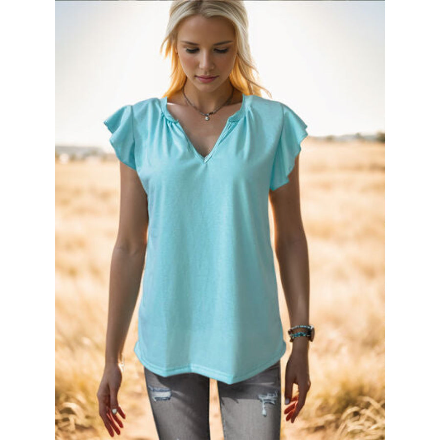 Ruffled Notched Cap Sleeve Tank Mint Blue / S Apparel and Accessories