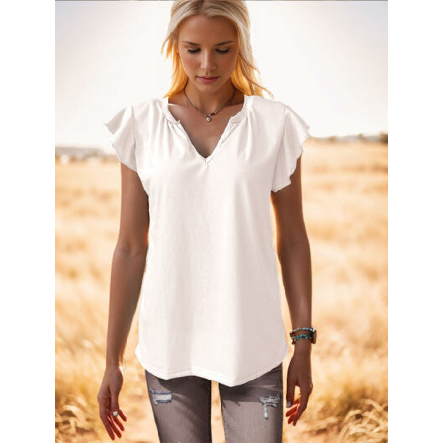 Ruffled Notched Cap Sleeve Tank White / S Apparel and Accessories