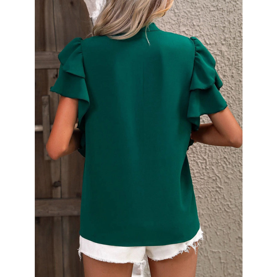 Ruffled Notched Short Sleeve Blouse Apparel and Accessories