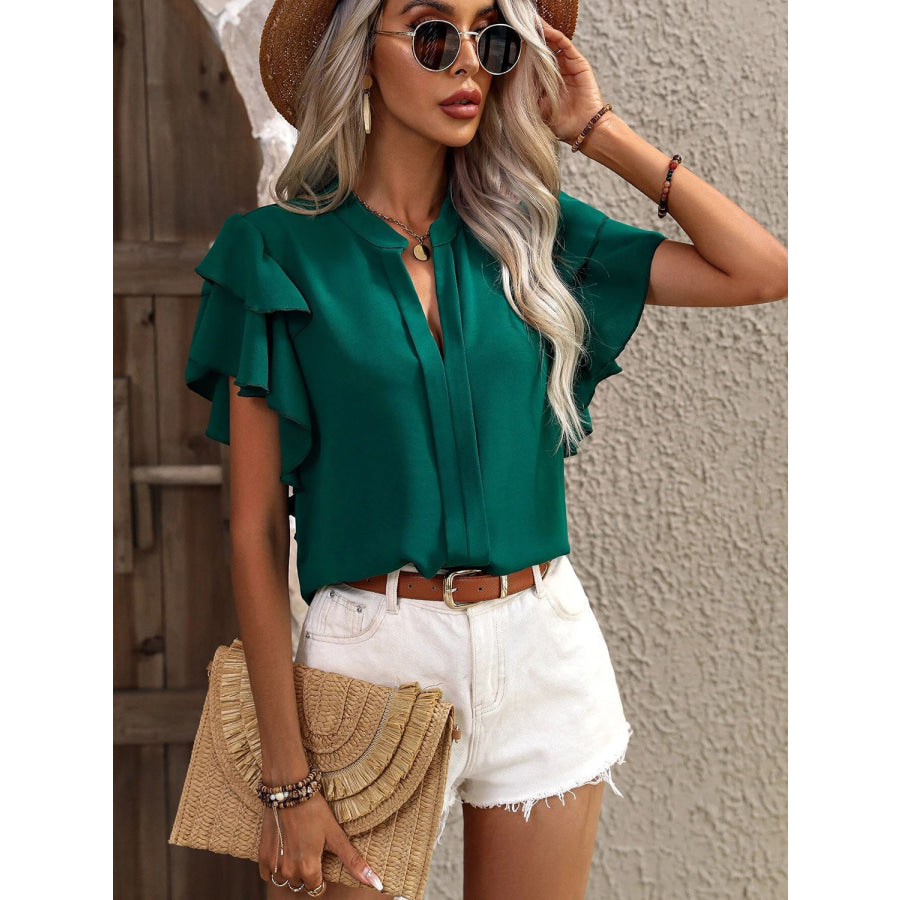 Ruffled Notched Short Sleeve Blouse Apparel and Accessories