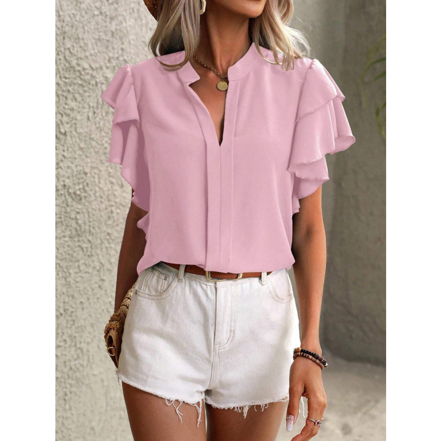 Ruffled Notched Short Sleeve Blouse Apparel and Accessories