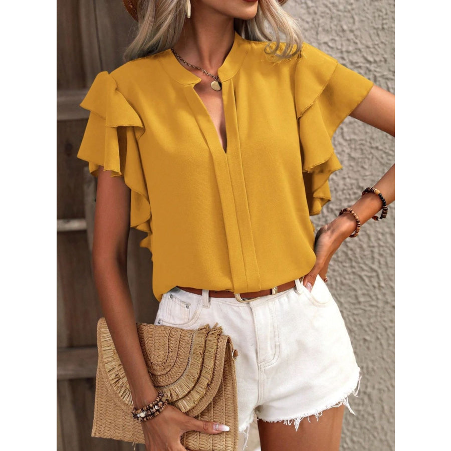 Ruffled Notched Short Sleeve Blouse Apparel and Accessories