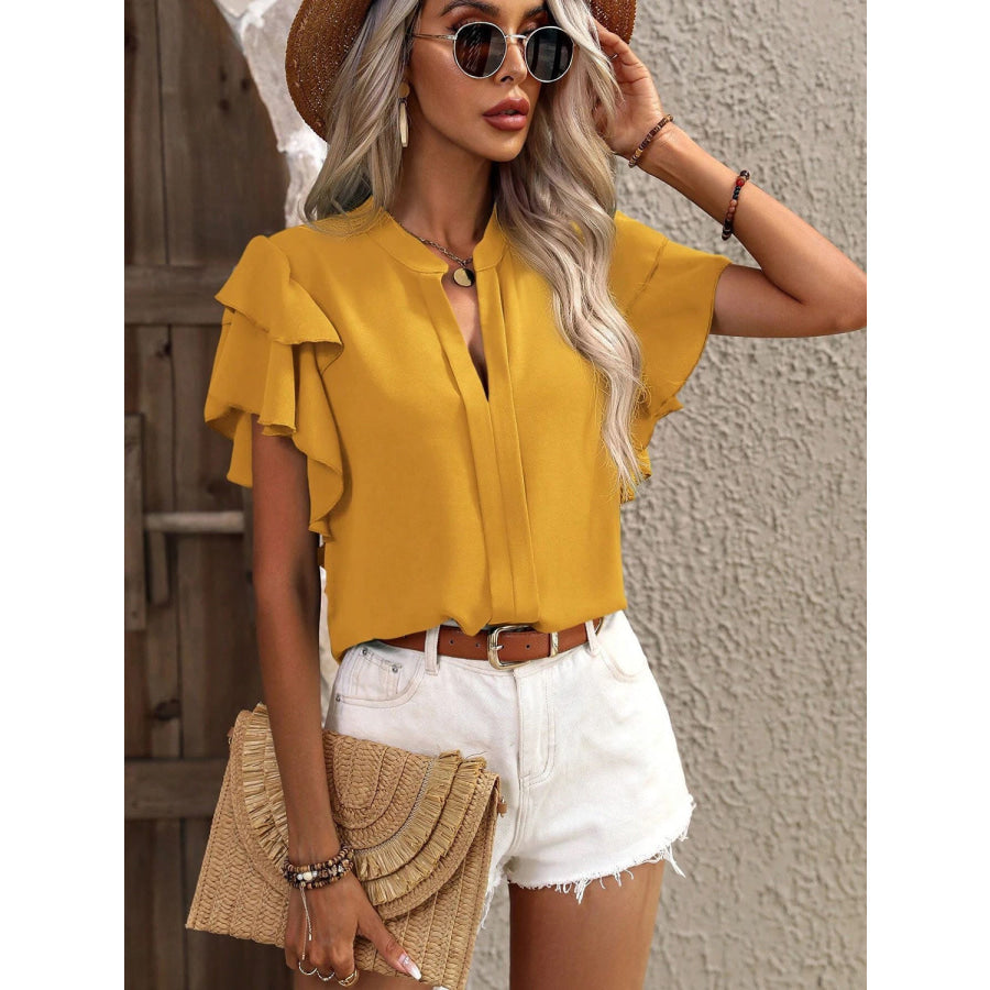 Ruffled Notched Short Sleeve Blouse Apparel and Accessories