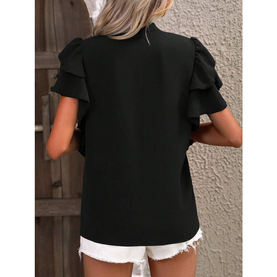 Ruffled Notched Short Sleeve Blouse Apparel and Accessories