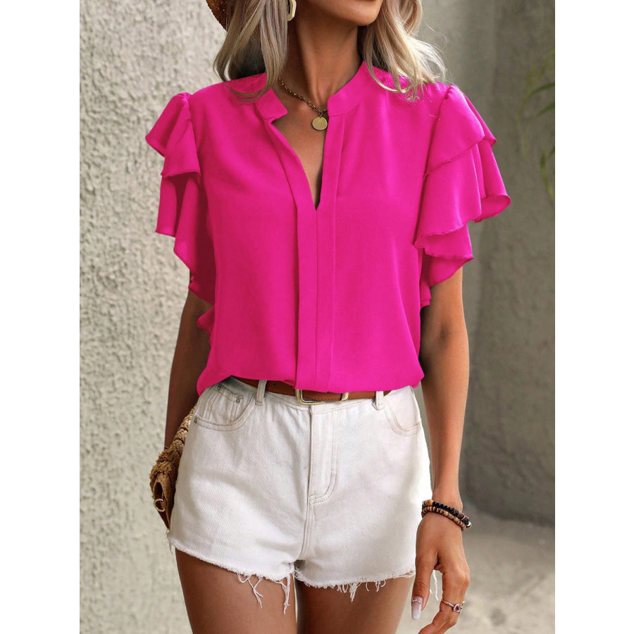 Ruffled Notched Short Sleeve Blouse Apparel and Accessories