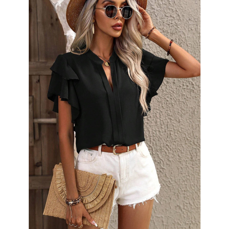 Ruffled Notched Short Sleeve Blouse Apparel and Accessories