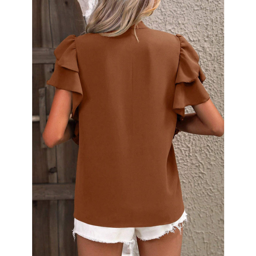 Ruffled Notched Short Sleeve Blouse Apparel and Accessories