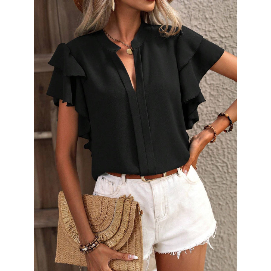 Ruffled Notched Short Sleeve Blouse Black / S Apparel and Accessories