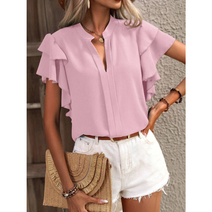 Ruffled Notched Short Sleeve Blouse Blush Pink / S Apparel and Accessories