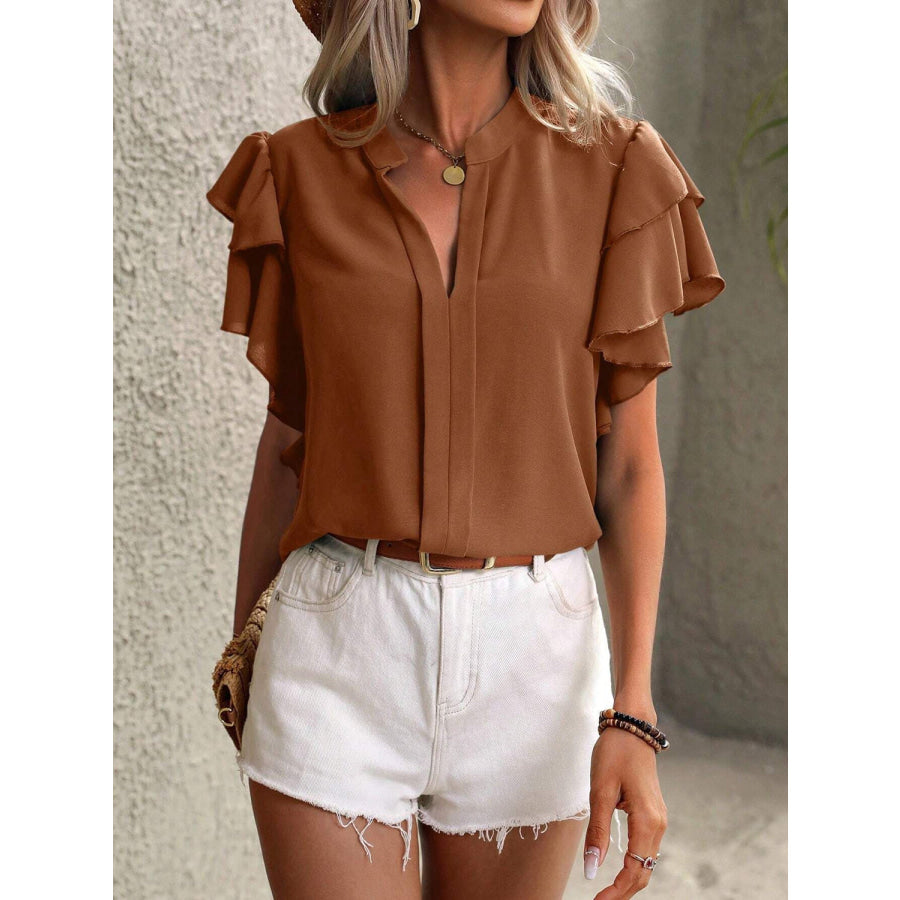 Ruffled Notched Short Sleeve Blouse Brown / S Apparel and Accessories