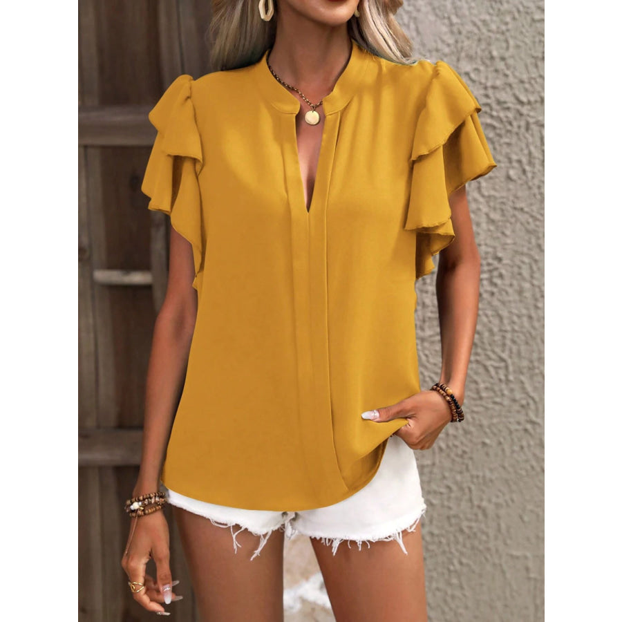 Ruffled Notched Short Sleeve Blouse Gold / S Apparel and Accessories