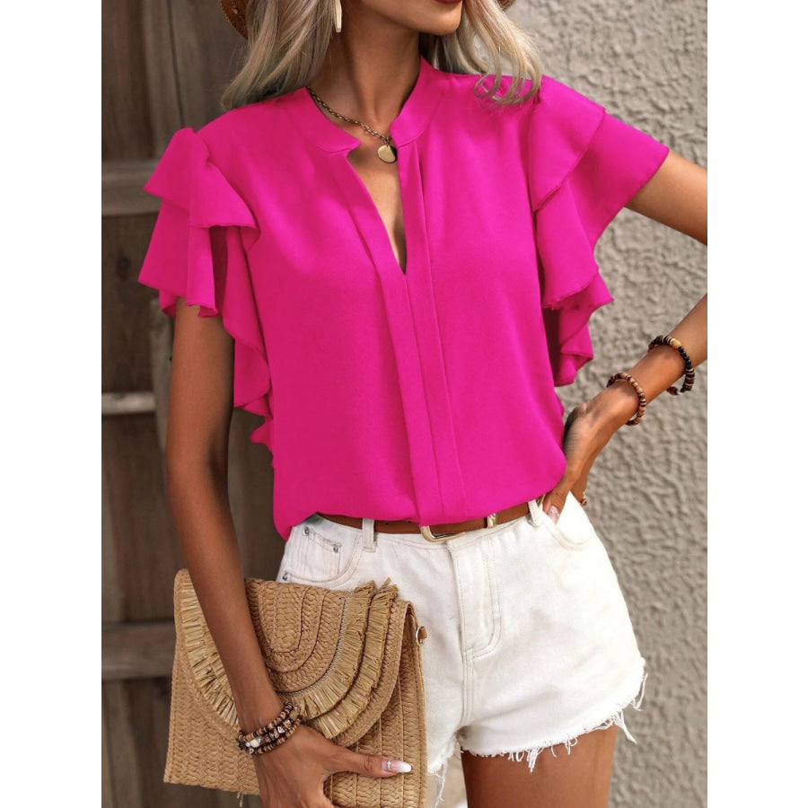 Ruffled Notched Short Sleeve Blouse Hot Pink / S Apparel and Accessories