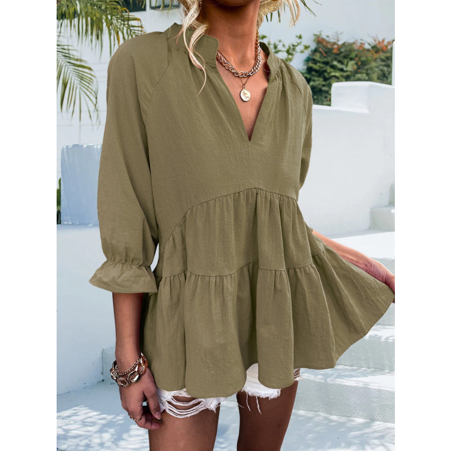 Ruffled Notched Three-Quarter Sleeve Blouse Apparel and Accessories