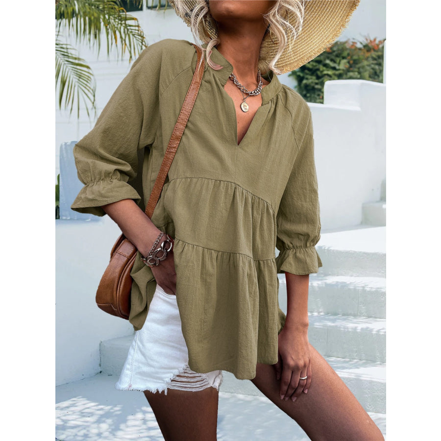 Ruffled Notched Three-Quarter Sleeve Blouse Apparel and Accessories