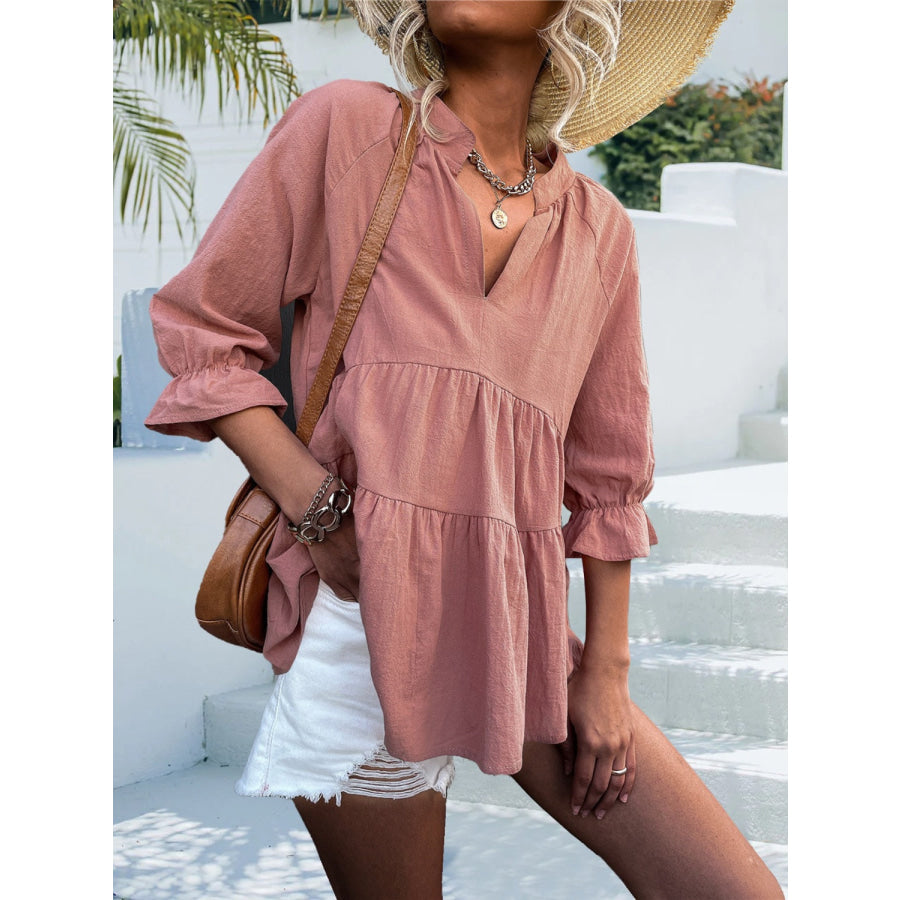 Ruffled Notched Three-Quarter Sleeve Blouse Apparel and Accessories