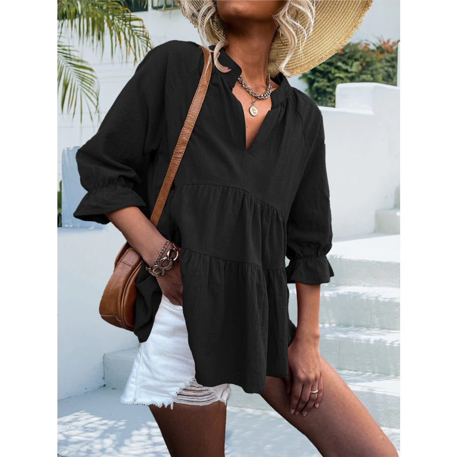 Ruffled Notched Three-Quarter Sleeve Blouse Apparel and Accessories