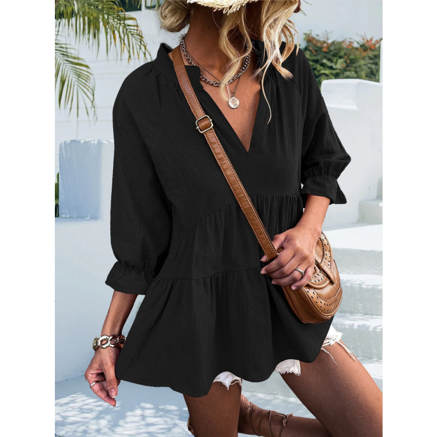 Ruffled Notched Three-Quarter Sleeve Blouse Apparel and Accessories