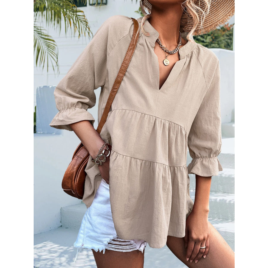 Ruffled Notched Three-Quarter Sleeve Blouse Apparel and Accessories