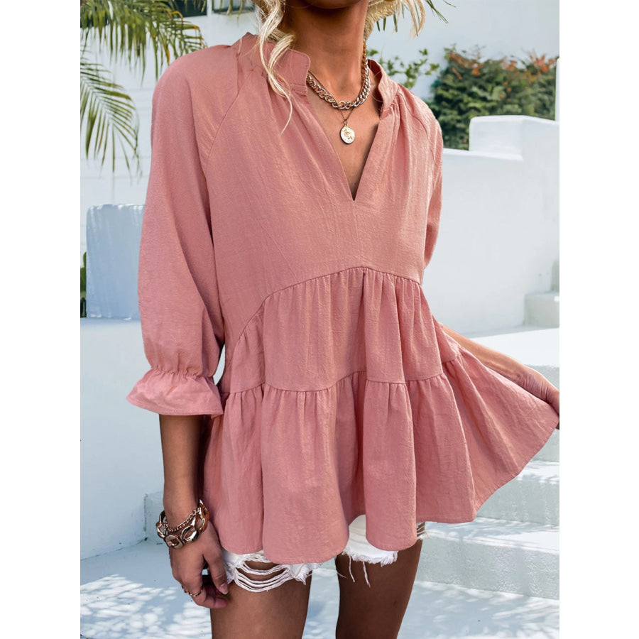 Ruffled Notched Three-Quarter Sleeve Blouse Apparel and Accessories