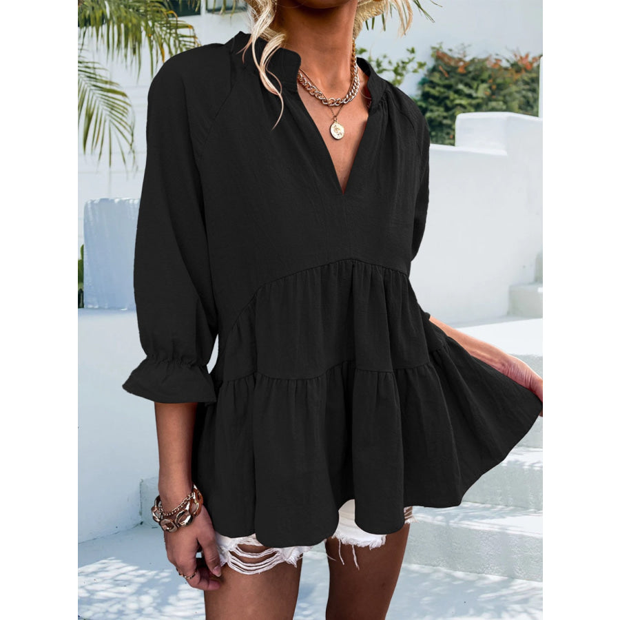 Ruffled Notched Three-Quarter Sleeve Blouse Black / S Apparel and Accessories