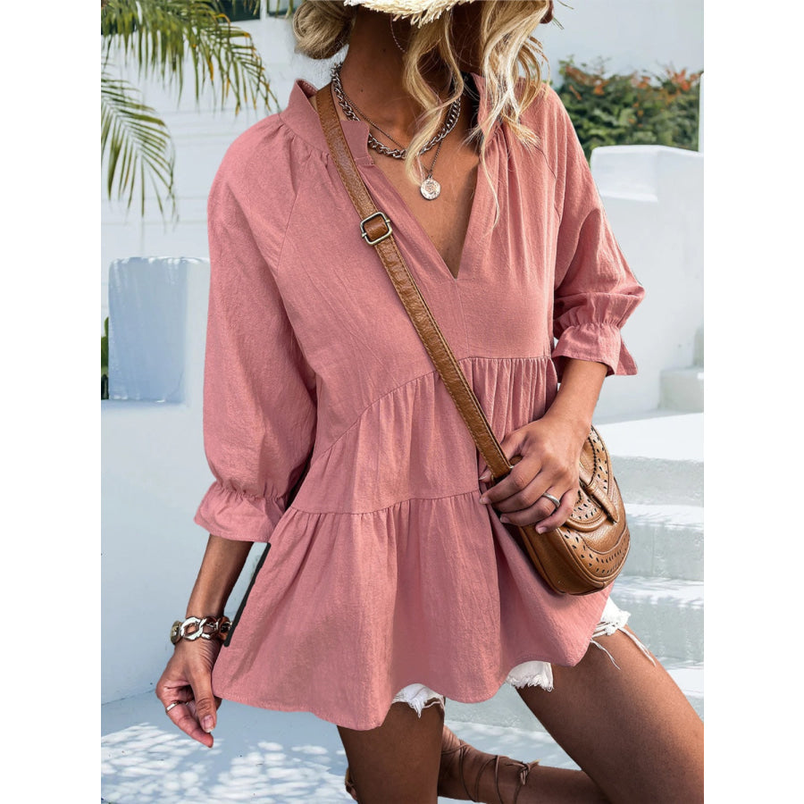 Ruffled Notched Three-Quarter Sleeve Blouse Dusty Pink / S Apparel and Accessories