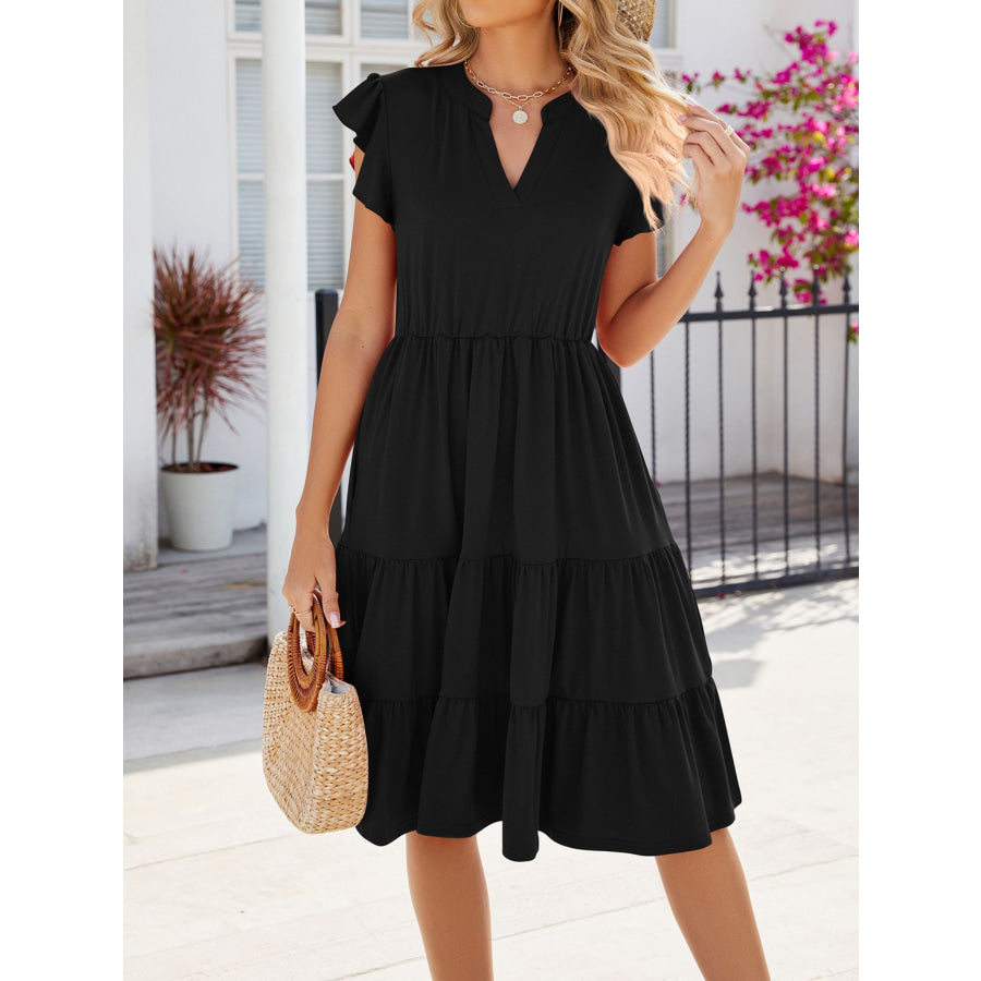 Ruffled Notched Tiered Midi Dress Apparel and Accessories