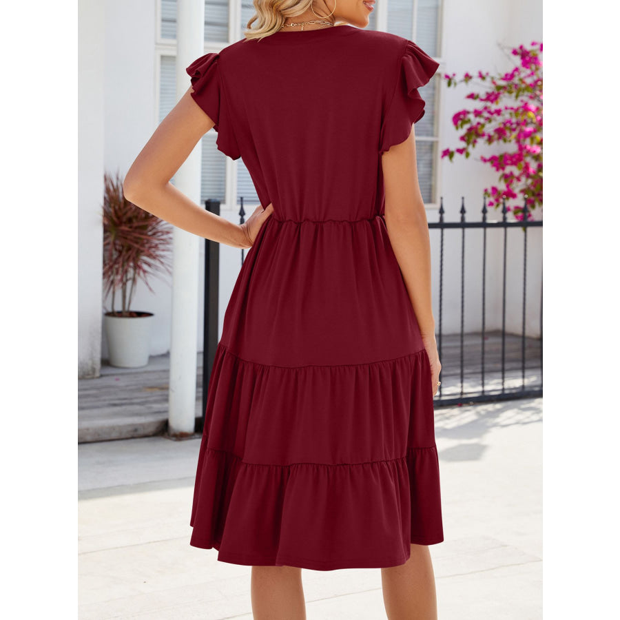 Ruffled Notched Tiered Midi Dress Apparel and Accessories