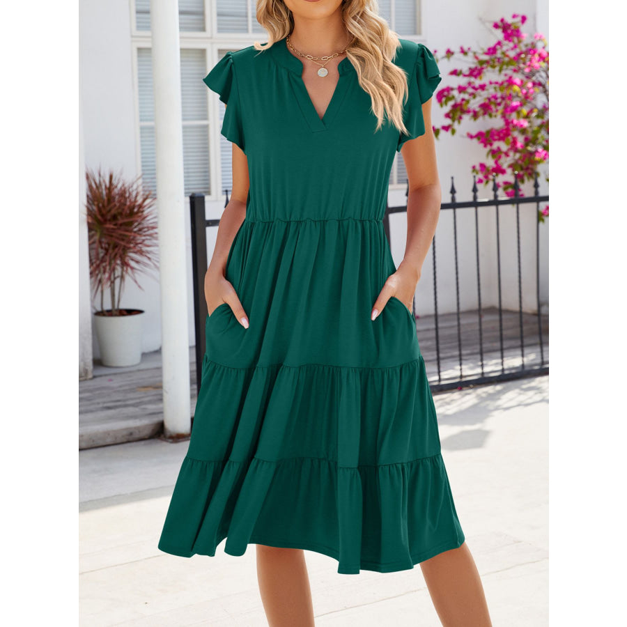 Ruffled Notched Tiered Midi Dress Apparel and Accessories