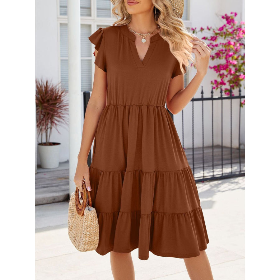 Ruffled Notched Tiered Midi Dress Apparel and Accessories