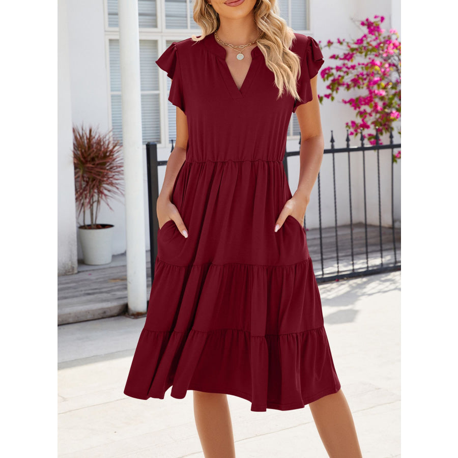 Ruffled Notched Tiered Midi Dress Apparel and Accessories