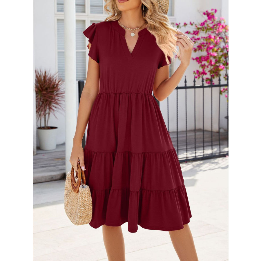 Ruffled Notched Tiered Midi Dress Apparel and Accessories
