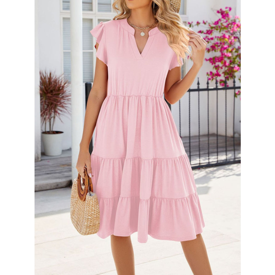 Ruffled Notched Tiered Midi Dress Apparel and Accessories