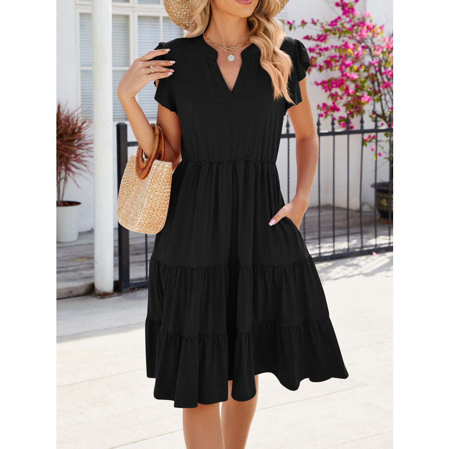Ruffled Notched Tiered Midi Dress Apparel and Accessories
