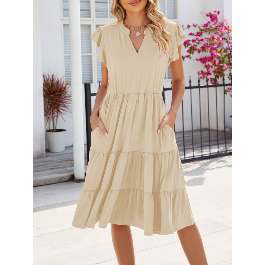 Ruffled Notched Tiered Midi Dress Apparel and Accessories