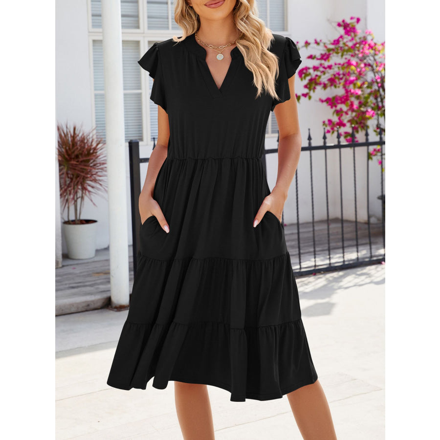 Ruffled Notched Tiered Midi Dress Apparel and Accessories